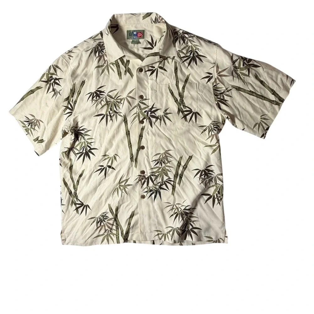 Reyn Spooner Bamboo Print Hawaiian Shirt Men's XL Cream Green SS Button Up